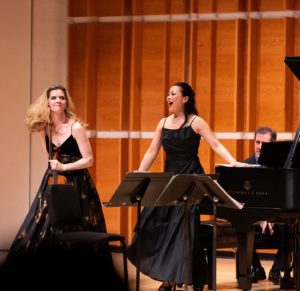 the neave trio performs on stage at merkin hall